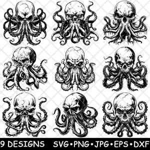 Pulpo con tentáculos, cráneo, esqueleto, cabeza, acuático, mar, kraken, archivo láser, SVG, PNG, JPG, escala de grises, imagen quemada, corte, vector, posavasos, negro, blanco, CNC, madera