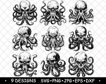 Octopus Skull Clipart Dark Nautical Skull Kraken Art PNG SVG Gothic Sea Monster Set for Stickers, Laser Engraving