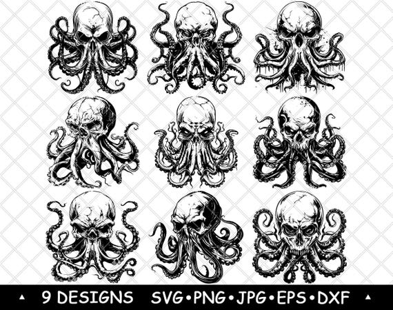 Octopus Skull Clipart Dark Nautical Skull Kraken Art PNG SVG Gothic Sea Monster Set for Stickers, Laser Engraving