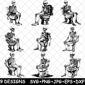Skelet toilet Humor Halloween dumpen dode botten Laserbestand SVG PNG JPG grijswaarden afbeelding branden gesneden vector Coaster zwart wit CNC hout
