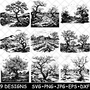 Puede incluir: Nueve ilustraciones vectoriales en blanco y negro de árboles y paisajes. Cada ilustración presenta un árbol diferente con una forma y ramas únicas. Los paisajes incluyen colinas, ríos y caminos.