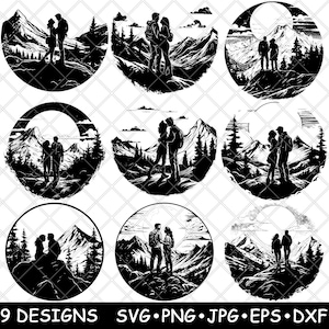 Paar bergwandelen liefde Valentine Camping natuur kunst laserbestand SVG PNG JPG grijswaarden branden afbeelding gesneden vector Coaster zwart wit CNC hout