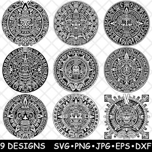 May include: Nine black and white designs of the Aztec calendar, also known as the Sun Stone. Each design features a circular pattern with a central face and intricate details.