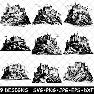 Château d'Édimbourg Ecosse Rock Forteresse Palais écossais Fichier laser SVG PNG JPG en niveaux de gris Gravure Image coupe vecteur sous-bock noir blanc Cnc bois
