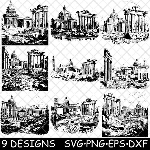 Oude Forum Romanum Ruïnes Civic Center Blijft Rome Complex Italië SVG,Dxf,Eps,PNG,Cricut,Silhouette,Cut,Laser,Stencil,Sticker,Clipart,Print