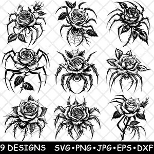 May include: Nine black and white vector illustrations of a spider and rose. Each design features a spider with eight legs and a rose with thorns. The spider and rose are intertwined.