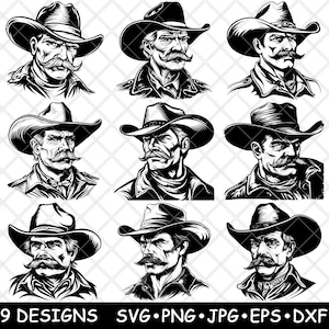 Sheriff West Cowboy Moustache Vintage American Country Laser Datei SVG PNG JPG Graustufen Brennen Bild Schnitt Vektor Untersetzer Schwarz Weiß Cnc Holz