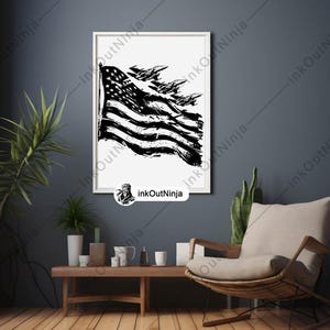 May include: A black and white illustration of a distressed American flag waving in the wind.