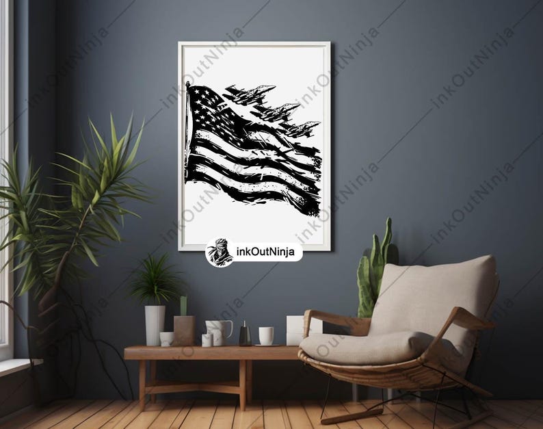 May include: A black and white illustration of a distressed American flag waving in the wind.