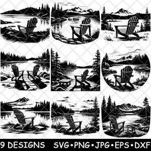 Adirondack Mountain View State Park stoel Lakeside Trail laserbestand SVG PNG JPG grijswaarden afbeelding branden gesneden vector Coaster zwart wit CNC hout