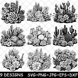 Plantes succulentes plantes du désert espèce cactus plante d'intérieur décor fichier laser SVG PNG JPG niveaux de gris gravure image coupe vecteur dessous de verre noir blanc cnc bois