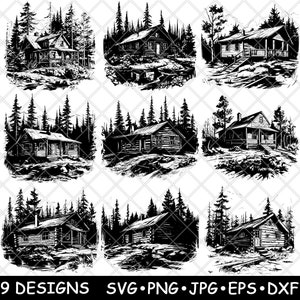 Rustieke blokhut dennen wildernis Cottage boshuis laserbestand SVG PNG JPG grijswaarden branden afbeelding gesneden vector Coaster zwart wit CNC hout