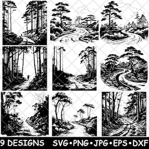 May include: Nine black and white forest path designs. Each design features a winding road through a forest with trees and foliage. The designs are available in SVG, PNG, JPG, EPS, and DXF formats.