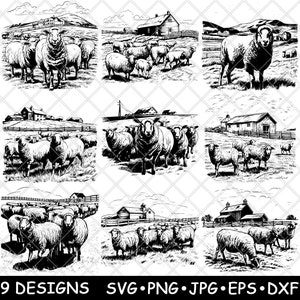 Gregge di pecore Fienile rustico Fattoria Ranch Animali lanosi Pascolo File laser SVG PNG JPG Scala di grigi Immagine bruciata Taglio Vettore Sottobicchiere Nero Bianco Legno CNC
