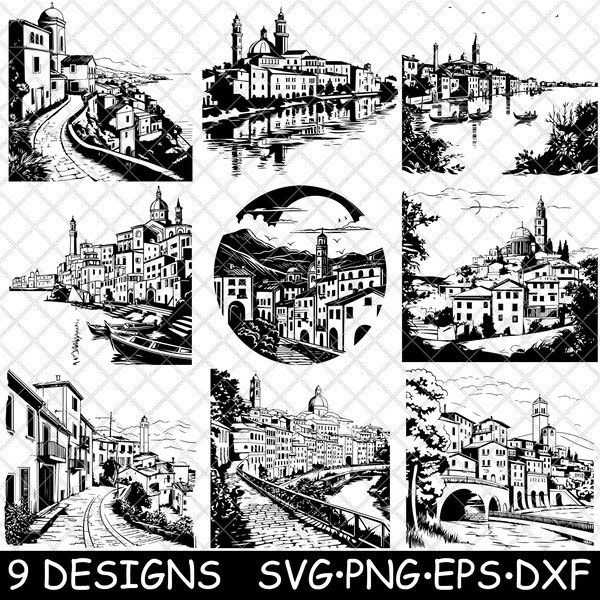 Naples Italy Urban Landscape Venice Milano Bay Scene Coaster Black White Laser SVG PNG Grayscale Burn Image Cut Engrave Coaster Cnc Wood