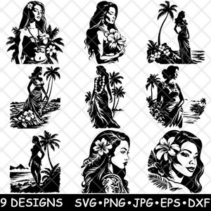 Inheemse Hawaiiaanse Polynesische vrouw Pacific Islander Hula-cultuur Lei SVG, DXF, Eps, PNG, Cricut, silhouet, knippen, laser, stencil, opstrijkbaar, clipart, afdrukken