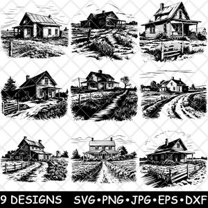 Rustieke boerderij Ranch Retreat Western Country Homestead Laserbestand SVG PNG JPG grijswaarden afbeelding branden gesneden vector Coaster zwart wit CNC hout