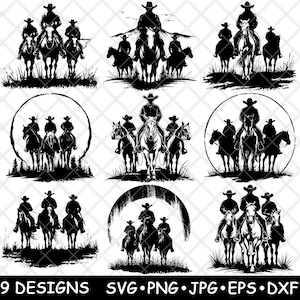 Könnte beinhalten: Neun Schwarz-Weiß-Silhouetten-Designs von Cowboys, die auf Pferden reiten. Jedes Design zeigt mehrere Cowboys, die nebeneinander reiten. Einige Designs zeigen einen Mond oder eine Sonne hinter den Cowboys.