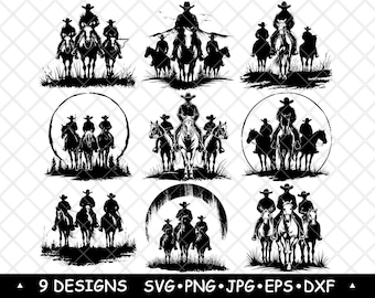 Paquete SVG de Cowboy Posse, imágenes prediseñadas de jinetes del oeste, siluetas a caballo, arte de rancho, decoración láser PNG