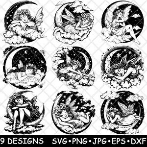 May include: Nine black and white illustrations of fairies sleeping on crescent moons. Each fairy has wings and is surrounded by clouds.
