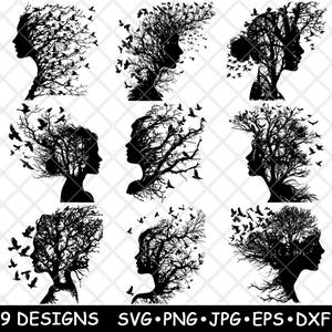 Vrouw hoofd boom takken vogels tijdens de vlucht natuur vrijheid laserbestand SVG PNG JPG grijswaarden branden afbeelding gesneden vector Coaster zwart wit CNC hout