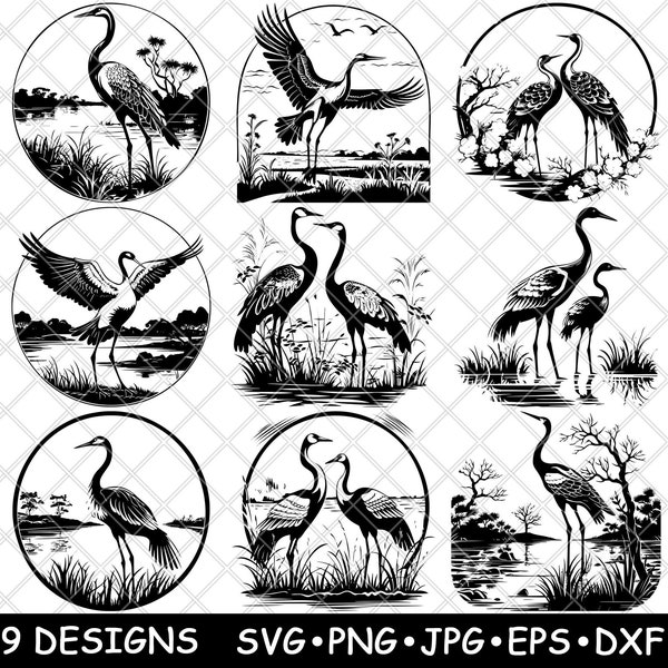 Crane Bird Grus Heron Tall Long-legged Egret Marsh Wetland Fowl SVG,Dxf,Eps,PNG,Cricut,Silhouette,Cut,Laser,Stencil,Iron-on,Clipart,Print