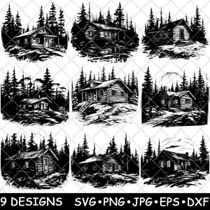 Blokhut Retreat Dennen Bergbos Cottage Woodland Laserbestand SVG PNG JPG grijswaarden afbeelding branden gesneden vector Coaster zwart wit CNC hout