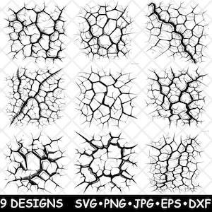 May include: Nine black and white cracked tile designs. The designs are square and feature a cracked pattern.