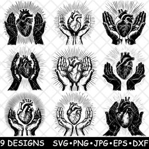 Cuore Mano Anatomico Offerta Organo Umano Parte Del Corpo Sacro Laser File SVG PNG JPG Scala di Grigi Brucia Immagine Taglia Vettore Sottobicchiere Nero Bianco Cnc Legno