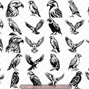 以下が含まれることがあります： ワシ、タカ、ハヤブサなど、さまざまな種類の鳥の白黒ベクターイラスト30点セット。鳥は、飛んでいる、とまっている、横顔など、さまざまなポーズをとっています。イラストはシンプルでスタイリッシュなスタイルです。