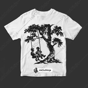 May include: A white t-shirt with a black silhouette of two children on a swing set under a large tree.