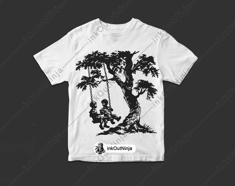 May include: A white t-shirt with a black silhouette of two children on a swing set under a large tree.