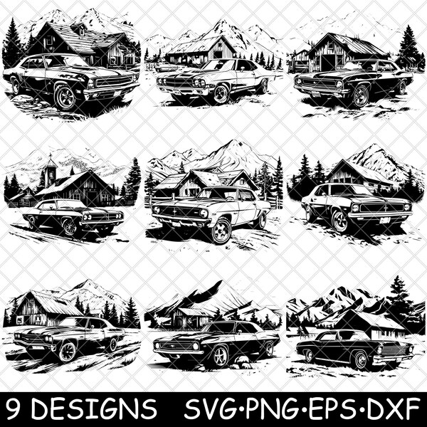 Rustic Ranch Barn Classic Car Muscle Old Vintage Race Road Cabin SVG,Dxf,Eps,PNG,Cricut,Silhouette,Cut,Laser,Stencil,Iron-on,Clipart,Print