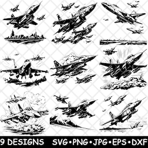 Kampfflugzeuge Kampfflugzeuge Bomber Staffel Militär Luftfahrt Laserdatei SVG PNG JPG Brennen Bild geschnitten Untersetzer Schwarz Weiß Cnc Holz
