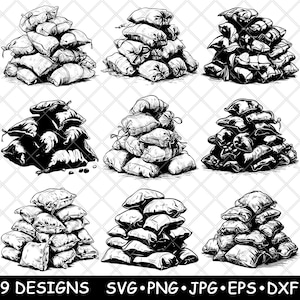 Sacos de grano apilados Bolsa de alimento Arpillera Yute Exhibición Montón Archivo láser SVG PNG JPG Escala de grises Imagen quemada Cortar Vector Posavasos Negro Blanco Cnc Madera