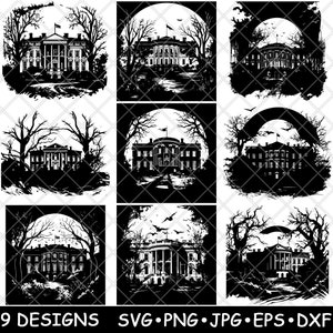 Mansão da Casa Branca Capitólio assustador Edifício Washington Laser Arquivo SVG PNG JPG Tons de cinza Imagem queimada Corte Vetor Coaster Preto Branco Cnc Madeira