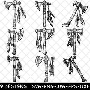 May include: Nine black and white hand-drawn illustrations of tomahawks with feathers. The tomahawks are in various positions and angles.