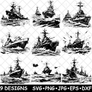 Schlachtschiff Clipart PNG Bundle | Kriegsschiff Line Art Set | Schwarz weiße Marine Kriegsschiff Illustrationen für Militär Handwerk & Gravur