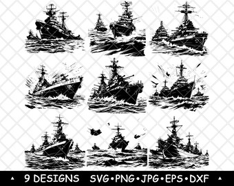 Ilustração vetorial de navio de guerra naval em preto e branco, ideal para adesivos, impressões e gravações.