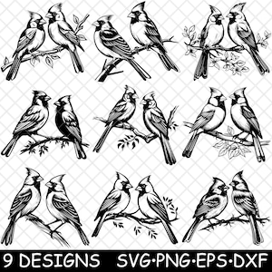 Paire d'oiseaux cardinaux couple saison des amours race rouge sauvage fichier laser SVG PNG JPG niveaux de gris gravure image coupe vecteur sous-bock noir blanc bois cnc