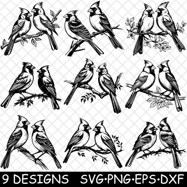 Cardinal Bird Pair Couple Mating Season Red Breeding PNG,SVG,EPS,Cricut,Silhouette,Cut,Engrave,Stencil,Sticker,Decal,Vector,Clipart,Print