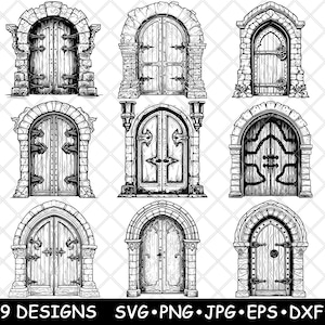Può includere: Nove illustrazioni in bianco e nero di porte ad arco con dettagli intricati. Ogni porta presenta una porta doppia con vari elementi decorativi, tra cui cerniere, maniglie e pannelli.