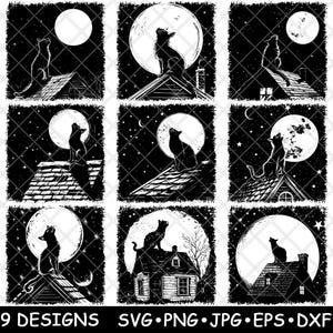 Kat gierend dak volle maan lucht jammerend sterrenkijken scène Laserbestand SVG PNG JPG grijswaarden afbeelding branden gesneden vector Coaster zwart wit CNC hout
