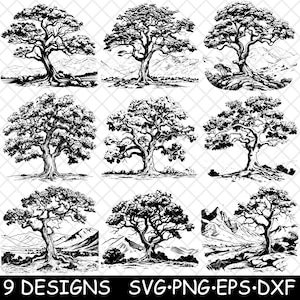 May include: Nine black and white tree designs with detailed branches and foliage. Each design features a different tree illustration, some with mountain landscapes in the background. The text "9 DESIGNS SVG.PNG.EPS.DXF" is at the bottom.