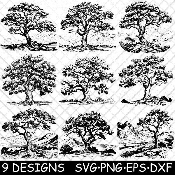 Oak Tree Oakwood Timber Acorn Hardwood Grove Scene Board Coaster Black White SVG,Dxf,Eps,PNG,Glowforge,Lightburn,Cut,Laser,Engrave,Iron-on