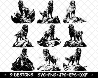 Ilustração vetorial rústica de um cão de guarda da montanha em preto e branco, ideal para adesivos, impressões e gravações.