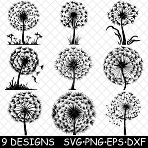 Pissenlits fleur plante bouffée de graines Bloom soufflé par le vent fichier laser SVG PNG JPG niveaux de gris gravure image coupe vecteur dessous de verre noir blanc cnc bois