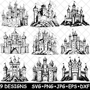 Medieval Castle Fortress Citadel Palace Tower Fantasy Laser File SVG PNG JPG Grayscale Burn Image Cut Vector Coaster Black White Cnc Wood