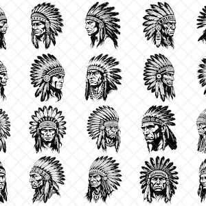 Pacote com 20 Guerreiros Chefes Índios Americanos | PNG, EPS, SVG, DXF | Cricut, Adesivos, Sublimação, Decalques, Arquivo de Corte, Estêncil, Vetor, Tatuagem