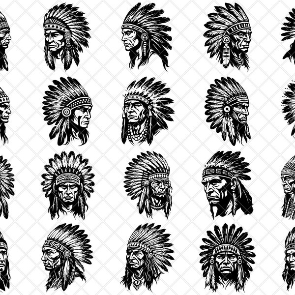 Lot de 20 chefs guerriers indiens américains | PNG, EPS, SVG, Dxf | Cricut, Autocollants, Sublimation, Décalques, Fichier de coupe, Pochoir, Vecteur, tatouage